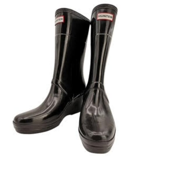 Hunter Original Tall High Gloss Wedge Rain Boots Black Rubber Heeled WMS Size 8 - Picture 1 of 15